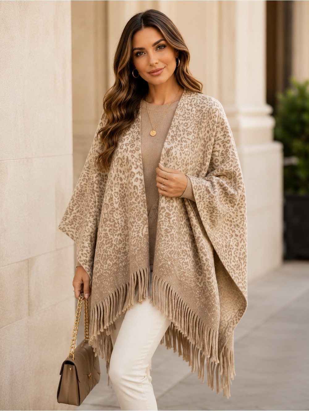 Beige Leopard Fringe Poncho